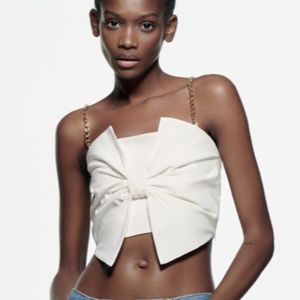 Zara Chain Strap Bow Tie Top White Blouse